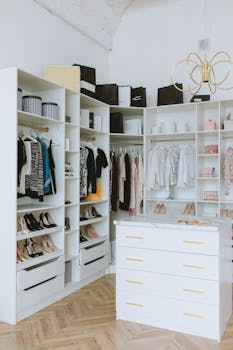 A stylish walk-in closet featuring luxury clothing, shoes, and accessories, with elegant shelving and chandeliers.